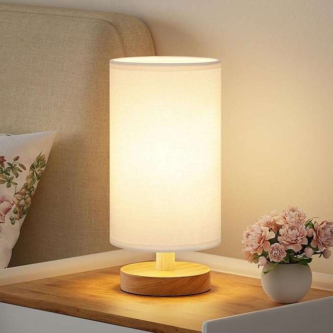 Fenmzee Small Table Lamp for Bedroom - Inline Control, Bedside Lamp with 3000K A15 LED Blub, Easy Assembly (White Shade - Wood Base, 9" Inline Control)