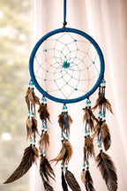 OMA Large Blue Dream Catcher with Turquoise Stones and Feathers, Traditional Dreamcatcher for Bedroom, Living Room, Dorms & Gift - Size – 28” x 9”