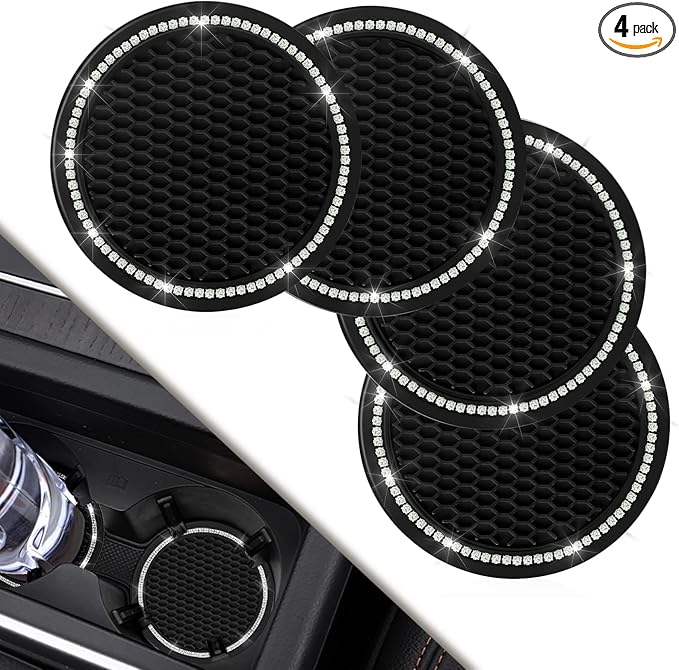 Car Coasters, 4 Pack Universal Vehicle Bling Car Coaster, COCASES Crystal Rhinestone Coaster for Cup Holders, Car Interior Accessories 2.75'' Silicone Anti Slip Car Coasters for Women (Black)