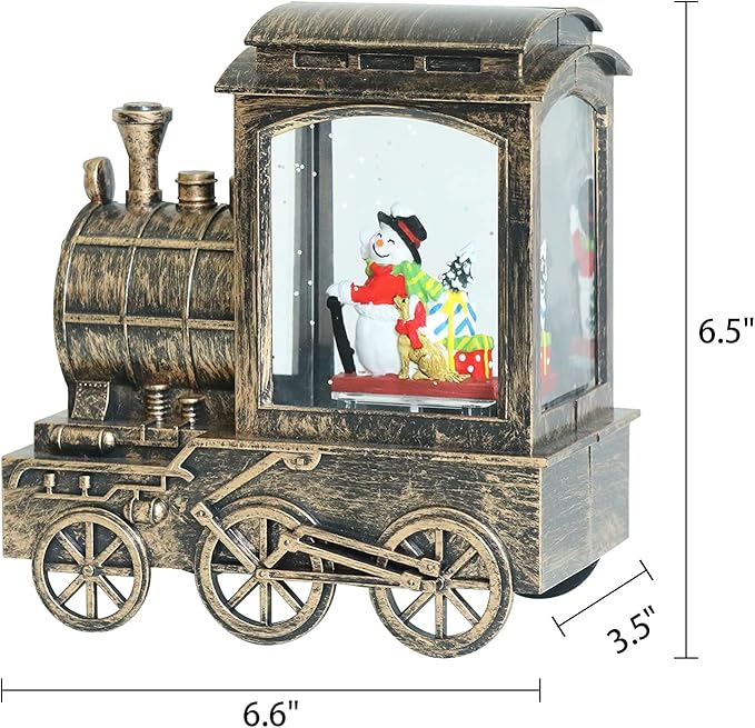 Music Snow Globe Train Lantern with Music and Timer, Battery Operated and USB Cable Snowman Lighted Snow Globe Spinning Water Glitter (Bronze, USB Included)