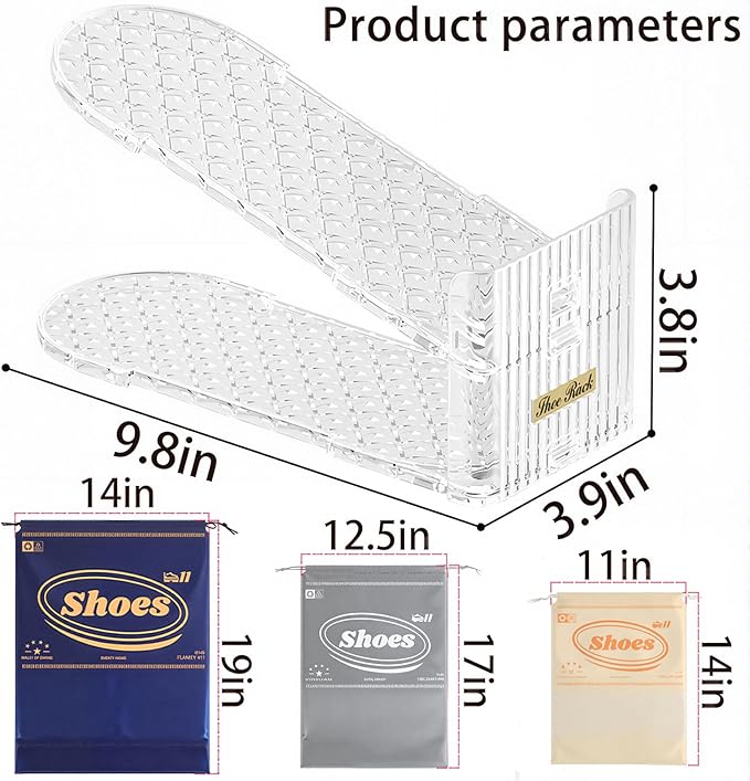 6Pack Shoe Slots Organizer and 6Pcs Shoe Storage Bags Set, Adjustable Double Layer Stack Shoe Space Saver Holder, 50% Space-Saving White Plastic Thickening Shoe Rack for Closet Organization