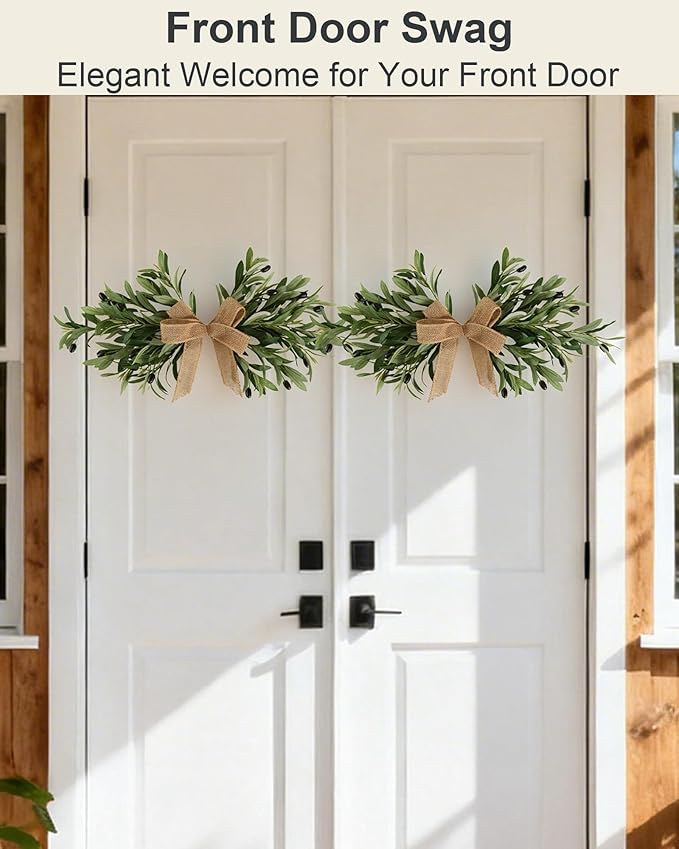 24" Handmade Artificial Olive Swag (2PC), Realistic Greenery Swag with Natural Burlap Bow, Easy to Hang Symmetrical Olive Branch Wreath for Front Door, Wedding Arch, Mantle & Farmhouse