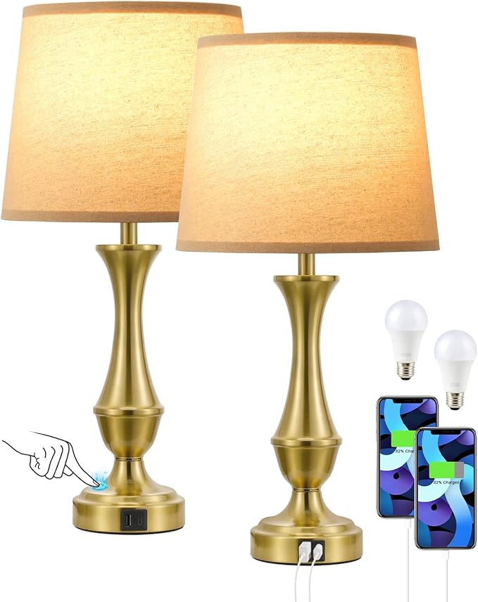 Seealle Upgraded Touch Lamps for Night Stands Set of 2 - Bedside Lamps with USB C+A, 3 Way Dimmable for Bedroom Living Room End Tables Office (Gold)