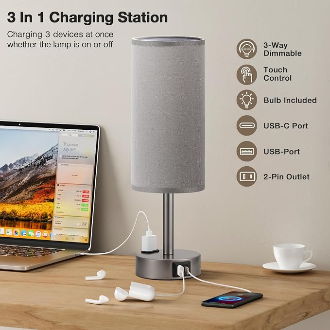 Fenmzee Grey Bedside Table Lamp for Bedroom - 3 Way Dimmable Touch Lamp USB C Charging Ports and AC Outlet, Small Lamp for Living Room, Desk, LED Bulb Included