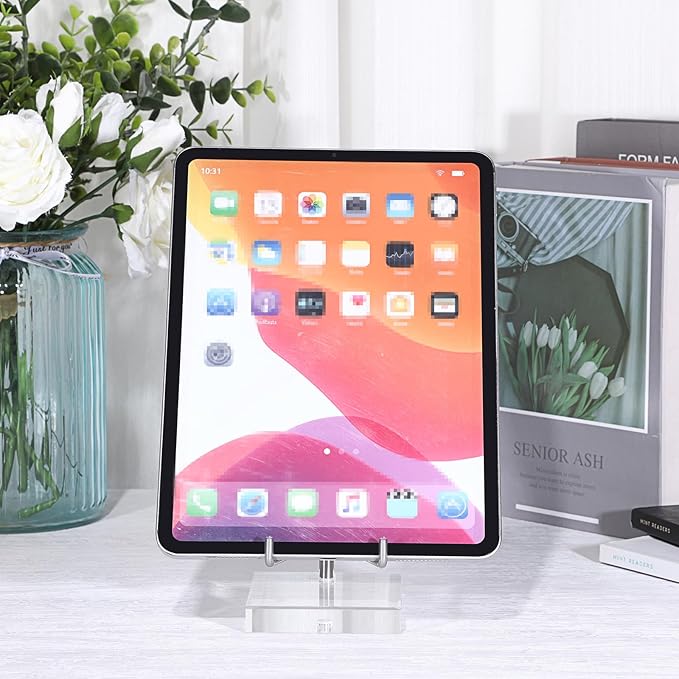 Hipiwe Clear Acrylic Display Stand Holder with Adjustable Metal Arms Display Easel Stands for Gemstones Fossils Minerals Agate Slabs Plates Crystals Saucers Collectibles, 3.1x3.1x4.9 inch
