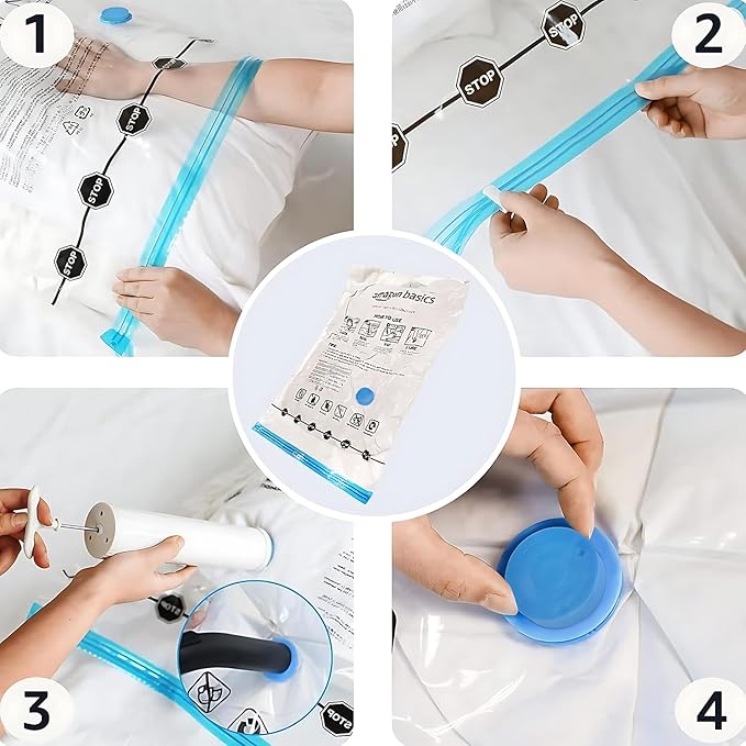 Amazon Basics Vacuum Storage Bags for Clothes, Compression Space Saving Storage Bags with Hand Pump, Reusable, Heavy-Duty Seal Protection, Multiple Sizes, White, 15-Pack