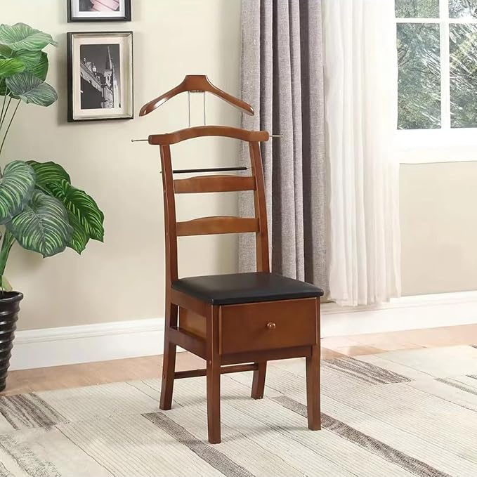 Chair Valet, Freestanding Suit Valet Stands for Women and Men with Drawer Trouser Bar and Tie Bar Wooden Chair Valet Stand Accessory Clothes Organizer,Wooden，45.7 * 58.4 * 111.8cm