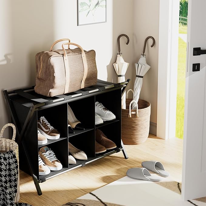 Luggage Rack for Guest Room, Set of 2, Folding Suitcase Stand with 6-Cube Fabric Storage Shelf, Luggage Holder, Steel Foldable Luggage Stand for Guest Room, Bedroom, Hotel, Black