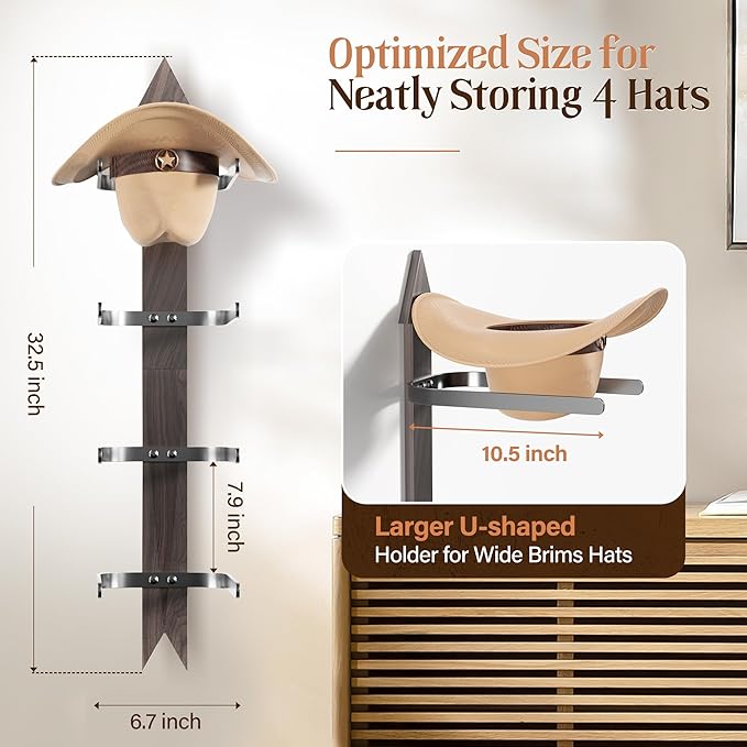 Cowboy Hat Rack for Wall, Cowboy Hat Holder Wall Mount Holds up to 4 Hats, Wooden Western Rustic Metal Hat Hanger with Arrow Sign Board, Hat Organizer for Western Hat, Fedora, Sun Hats (1 pack)
