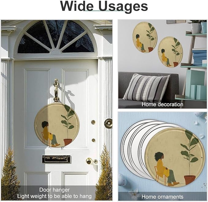 Wall Picture, with Potted Plant and Woman Printed Circular Iron Hanging Picture,Wall Art Decor,Home for Bedroom Living Room Bathroom Decor,Iron Painting 11.8X11.8 in