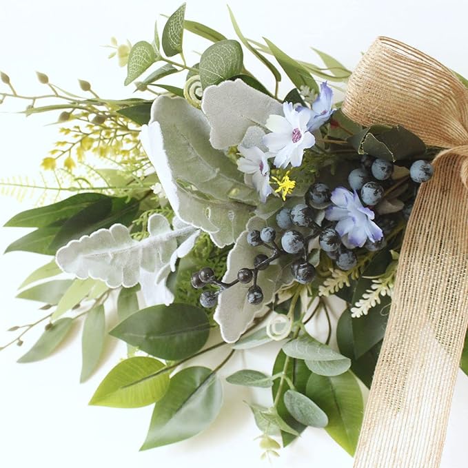 25.6 Inch Floral Swag, Artificial Eucalyptus Leaves Swag with Daisy Flower and Blue Berries, Green Leaves Wedding Arch Flowers, Greenery Swag for Front Door Wall Decor