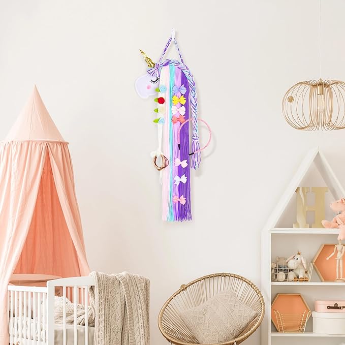 Basumee Unicorn Hair Bow Holder for Girls Wall Hanging Decor and Baby Hair Clip Hanger Organizer, Cyan Lavender