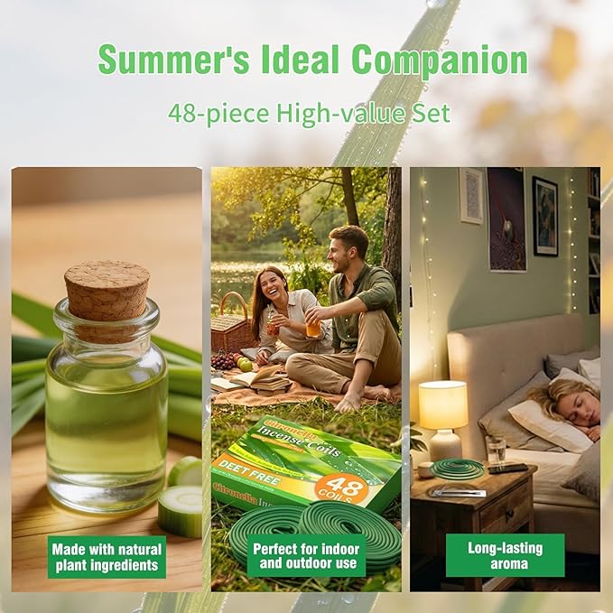 FIRIK Citronella Coils, 48 Pack Citronella Incense Coil with 2 Holders, Natural Lemongrass Fagrance, for Indoor and Summer Outdoor Patio Camping Trip Garden Gathering