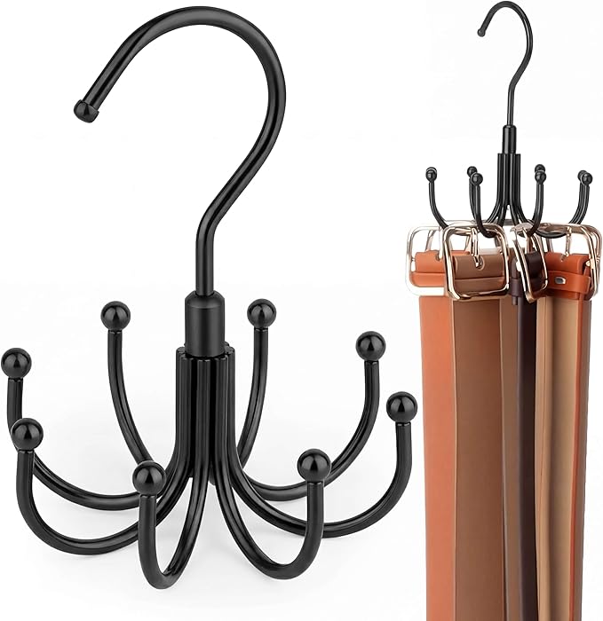 ZEDODIER Belt Organizer for Closet, Heavy-Duty Rotating Belt Hanger Rack Holds up to 24 Belts, Hanging Space Saving Metal Belt Holder for Closet Storage, Black