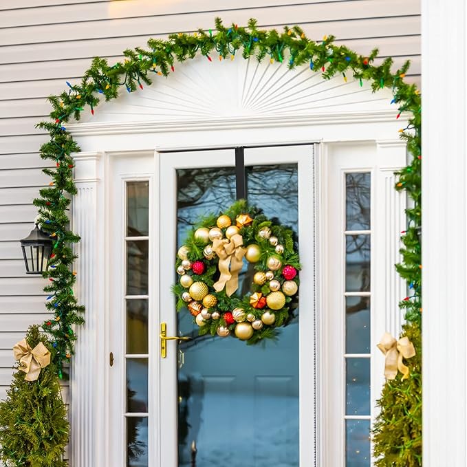 Wreath Hanger, Adjustable Over The Door Wreath Hanger from 14.9 to 25 Inches & Wreath Holder & Wreath Door Hanger for Front Door Decor 20 lbs Larger Christmas Decorations Hook (Black)