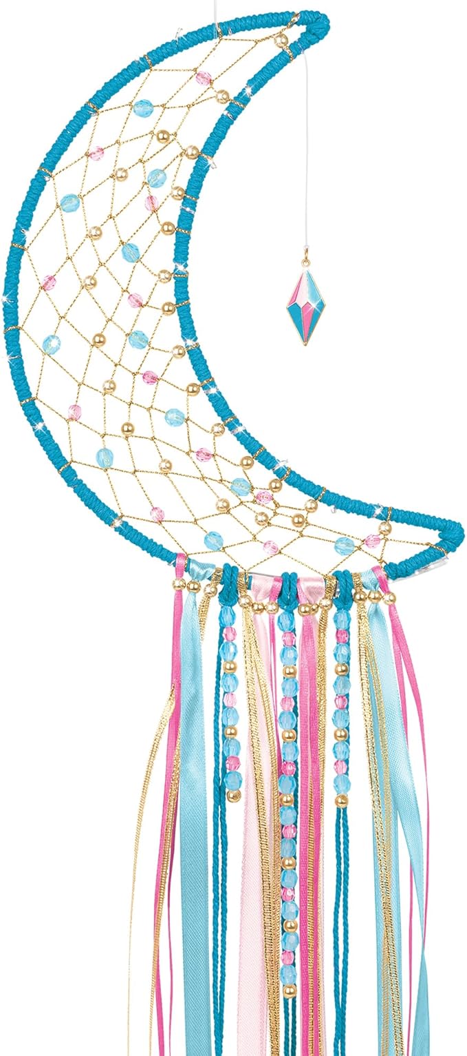 Make It Real: Lunar Dream Catcher with Lights - 131pc DIY Décor Craft Kit, Blue-Gold-Pink, Moon-Shaped, Fairy Lights-Yarn-Ribbon, Tweens-Girls-Kids 8+