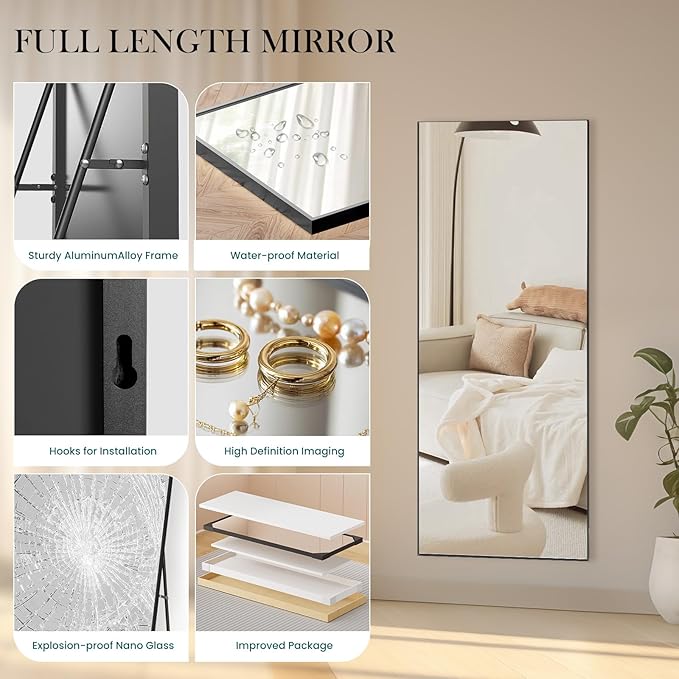 DUMOS 64"x21" Full Length Mirror, Full Body Mirror with Aluminum Alloy Thin Frame, Standing Mirrors with Leaning or Hanging, Suitable for Bedroom, Livingroom, Cloakroom, Black