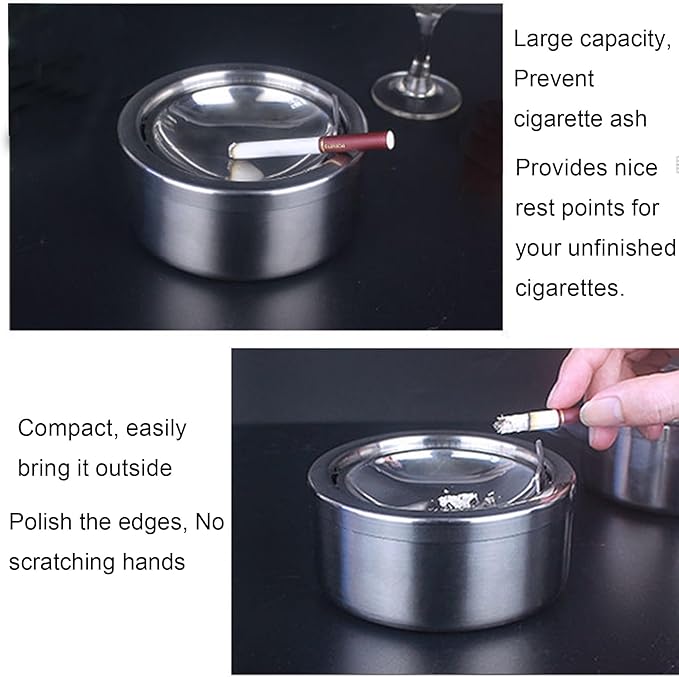 2 Sets Outdoor Ashtray with Lid, hanlongyu Flip Top Stainless Steel Ash Tray, Metal Windproof Cigarette Ashtrays for Indoor or Outdoor Use, Desktop Smoking Ashtray Office Patio Home Decor