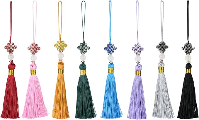 Beautyflier 24PCS Chinese Knot Tassel Pendant for Phone Case, Mini Mala Tassels with Hanging Loop, Jade Beads and Charms for Home Office Decor, Car Hanging Decoration, Graduation (8 Colors #1)