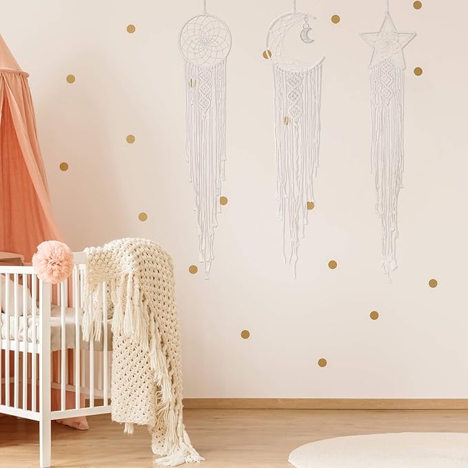 Jetec 3 Pcs Boho Macrame Dream Catcher Woven Wall Hanging Crescent Moon Star Sun Dreamcatcher with Long Tassel Large White Handmade Bohemian Home Decor Art Craft for Bedroom Room Decoration Gift