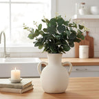 SIDUCAL Rustic Ceramic Farmhouse Flower Vase with 2 Handles, Terracotta Vase, Decorative Pottery Flower for Home Decor, Table, Wedding, Living Room, Shelf Decor, 7.3 Inch, White