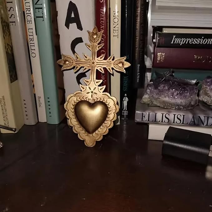 MVTDONT Golden Wall Cross-Saint Heart Miracle Decorative Wall Cross, Antique Gold Heart Design, Vintage Religious Home Deco