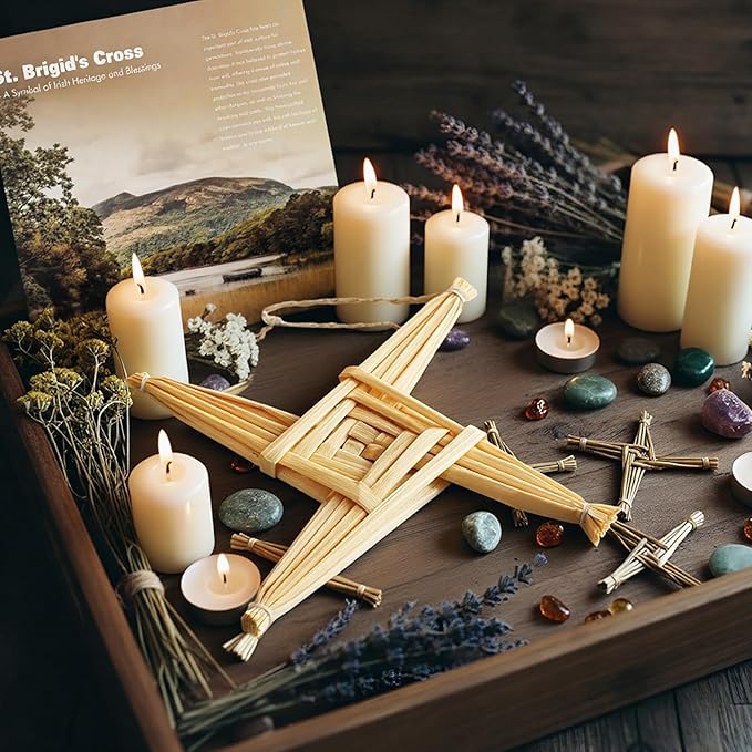 Kathfly 2 Pcs St. Brigid's Wall Cross and Card Irish Gift Saint Brigid's Cross History Card Irish Blessing Gift Ireland Hanging Wall Traditional Decor for Celtic Imbolc Home(6 in,Classic,Straw Color)
