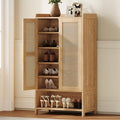 Narrow Shoe Cabinet with 2 Doors, 6-Tier Rattan Tall Shoe Storage Cabinet with 2 Adjustable Shelves & Wooden Legs, 46.3"H Slim Shoes Rack Organizer Cabinet for Entryway, Hallway, Natural Oak