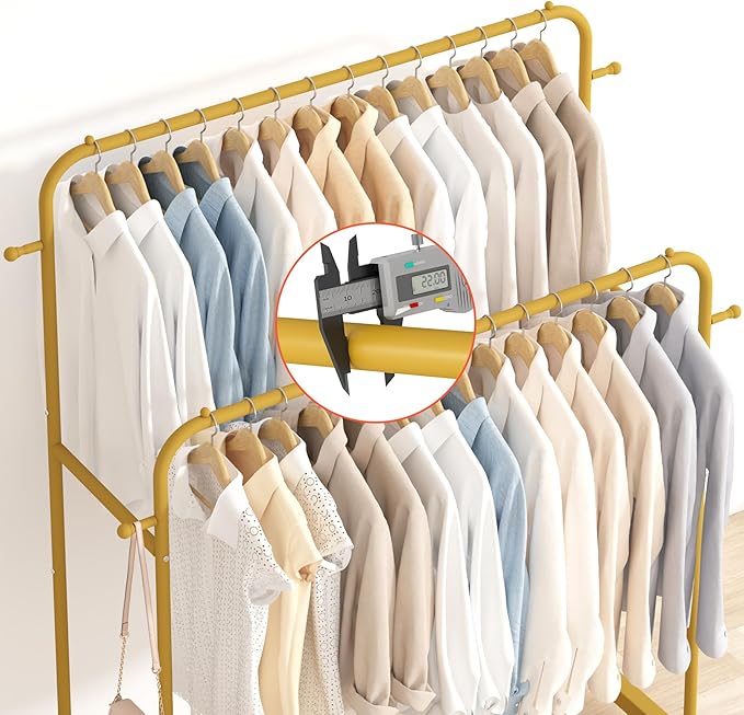 Laiensia Double Rods Garment Rack with Wheels, Clothing Rack for Hanging Clothes,4 Hooks, Multi-functional Bedroom Clothes Rack, Gold