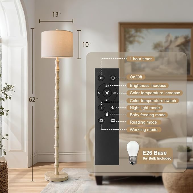 BOBOMOMO 62" Rustic Farmhouse Floor Lamp Antique White with Remote & Dimmable 9W Bulb, 3 Color Temperatures Resin Standing Lamp, Retro Tall Lamp for Living Room, Bedroom, Nursery, Office, Reading Nook