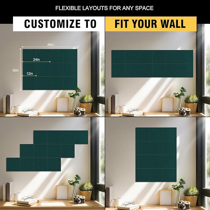 TSJOFFICE Large Cork Board for Wall - 48" x 36" Bulletin Board with 50 Pushpins for Office Decor, Pin Board 12 Pack Felt Wall Tiles with Safe Removable Adhesive Tabs, Corkboard for Home - Dark Green