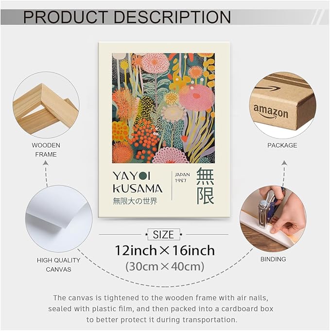 Abstract Yayoi Kusama Posters Japanese Wall Art Vintage Tokyo Aesthetic Prints Yayoi Kusama Inspired Japanese Gallery Wall Art for Stylish Room Bedroom Living Room Decor 12x16in Framed