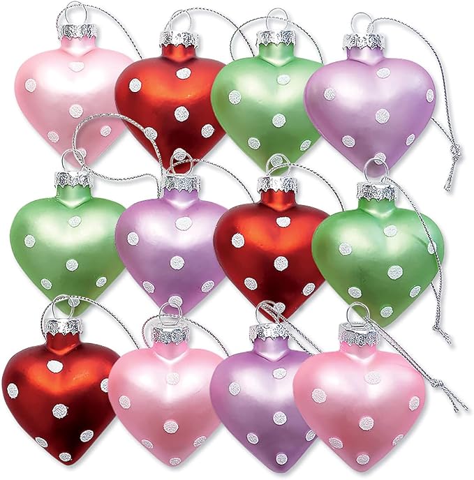 Lillian Vernon Dot Heart Valentines Ornaments - 12-Piece Set, Blown Glass, Handcrafted Hanging Tree Decorations, Valentine’s Day Holiday & Party Decor, 2.5 in