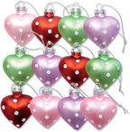 Lillian Vernon Dot Heart Valentines Ornaments - 12-Piece Set, Blown Glass, Handcrafted Hanging Tree Decorations, Valentine’s Day Holiday & Party Decor, 2.5 in