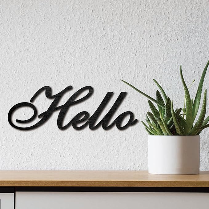 CREATCABIN Hello Word Cutout Sign Laser Cut Wood Letter Sign Black Wall Decor Unfinished Wooden Signs Wall Art Basswood Hanging Sculpture Decor for Craft DIY Home Farmhouse Front Porch Door 11.9x4Inch