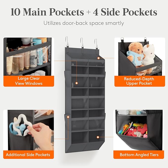 Lifewit 1 Pack Over the Door Organizer, Clear Window Hanging Storage with 4 Side Pockets, Anti Tilt 40 lbs Load Behind Door for Pantry, Nursery, Bathroom, Bedroom, Dorm, 10 Section, Gray