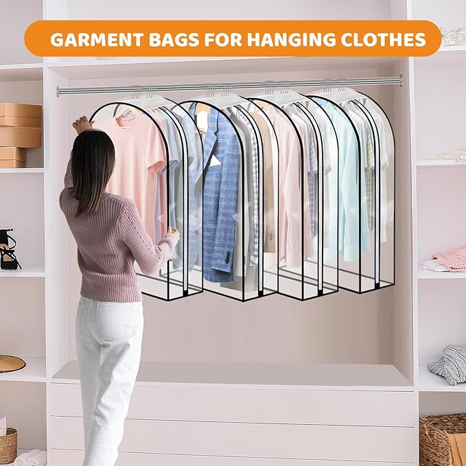 4 Pack Full Clear Garment Bags with Side Zipper, 50" Clothes Covers with 10" Gusset, Transparent Hanging Suit & Coat Covers for Closet Storage, Jackets, Dresses, Windbreakers