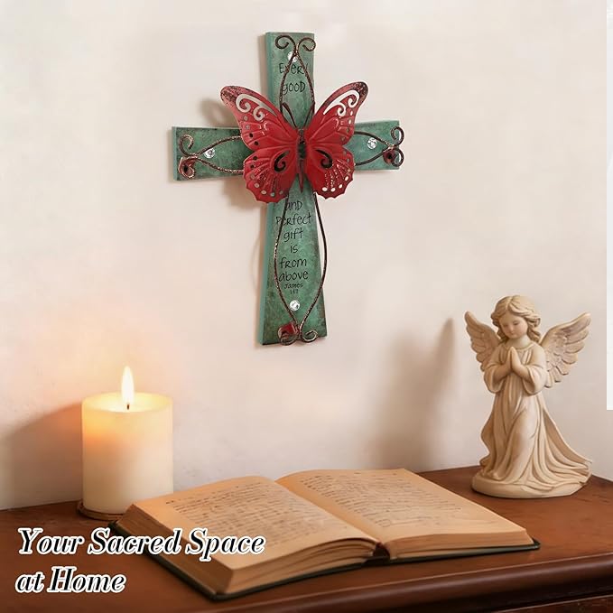 INHAI Handcrafted Christian Wall Cross 9x7,James 1:17 Verse on Wood with Antiqued Metal,Mother's Day Inspirational Home Decor Gift(Red)