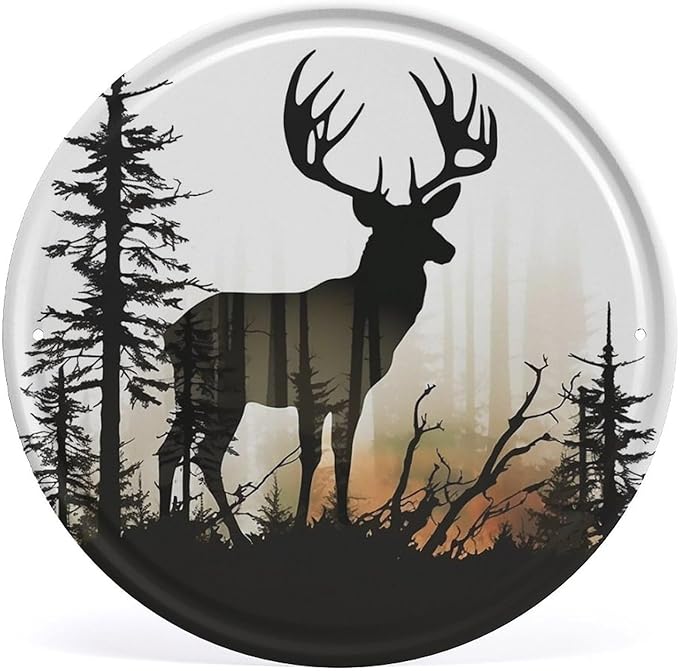 Wall Picture, with Deer Silhouette Printed Circular Iron Hanging Picture,Wall Art Decor,Home for Bedroom Living Room Bathroom Decor,Iron Painting 11.8X11.8 in