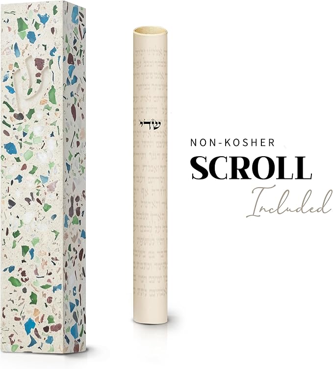 SURI Mezuzah with Printed Scroll for Door – 5 Inch Terrazzo Cream and Turquoise Mezuzah Case, Self-Stick Modern Mezuza Cover, Fits a 4 Inch Scroll, Gift Box Included
