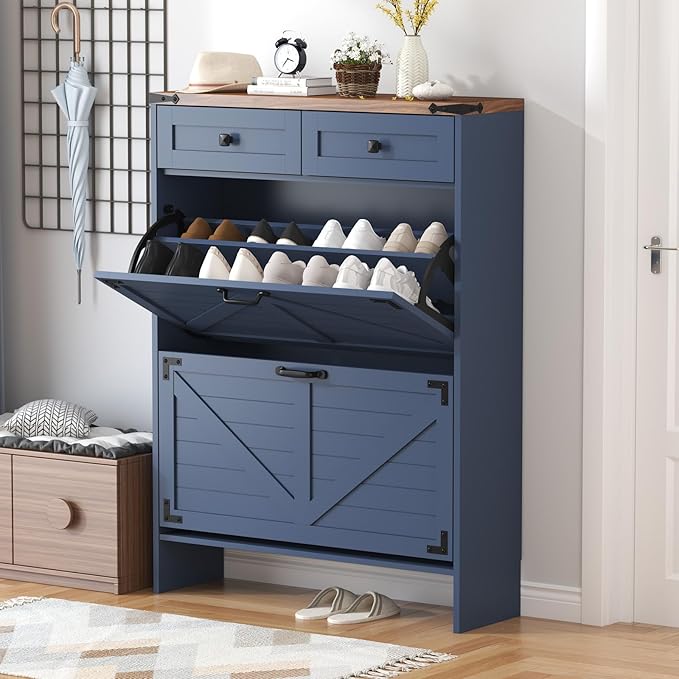 Shoe Cabinet with 2 Flip Drawers, Hidden Shoe Storage Cabinet with 2 Pull-Out Drawers, Farmhouse Shoe Organizer for Entryway, Narrow Shoe Rack for Front Door Entrance, Blue