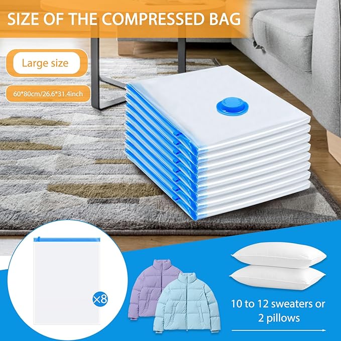 8 Pack Large Vacuum Storage Bags, Vacuum Seal Bags for Clothing with Hand Pump, 80% Space Saver Bags for Clothes, Pillows, Comforters and Blankets, Home Travel Essentials