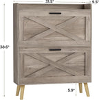 32" W Farmhouse Shoe Storage Cabinet with 2 Flip Drawers and Barn Door Design, Adjustable Shelves, Modern Hidden Slim Narrow Shoe Rack Cabinet for Entryway, Foyer, Hallway, Living Room, Greige