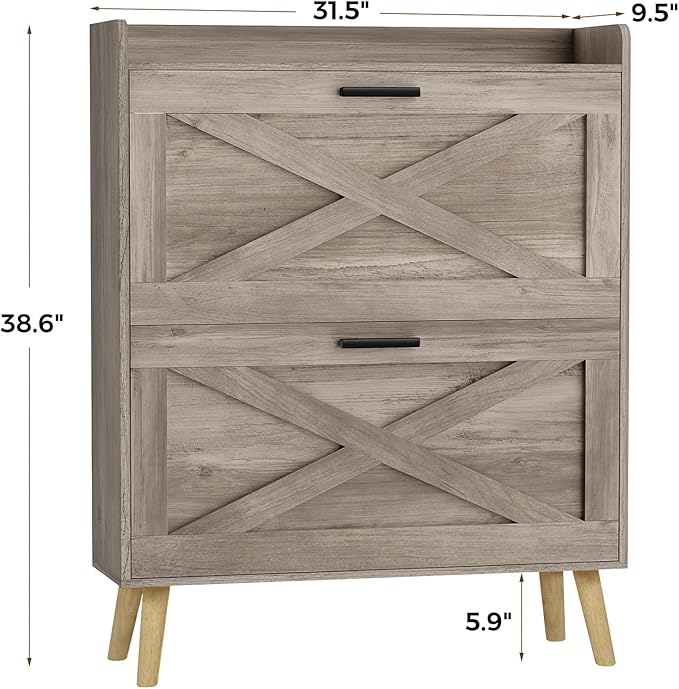 32" W Farmhouse Shoe Storage Cabinet with 2 Flip Drawers and Barn Door Design, Adjustable Shelves, Modern Hidden Slim Narrow Shoe Rack Cabinet for Entryway, Foyer, Hallway, Living Room, Greige