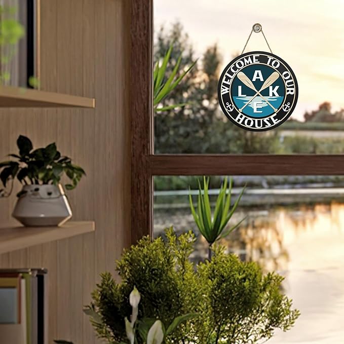 Lake Life Welcome to Our House Front Door Sign, Lakehouse Paddle Family Wood Hanger Outdoor Outside Porch Home Decor, Nautical Anchor Farmhouse Wooden Wreath Indoor Wall Hanging Decoration