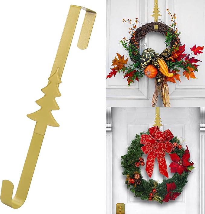 15 inches Christmas Decorative Wreath Hangers for Front Door;Over the Door Hooks (Gold, Christmas Tree)