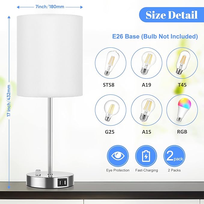 Set of 2 Table Lamps with USB Ports, White Bedside Lamps with AC Outlet, Modern Nightstand Lamps with Rotary Switch, Minimalist Desk Lamp with Fabric Shade for Bedroom Living Room Office Reading