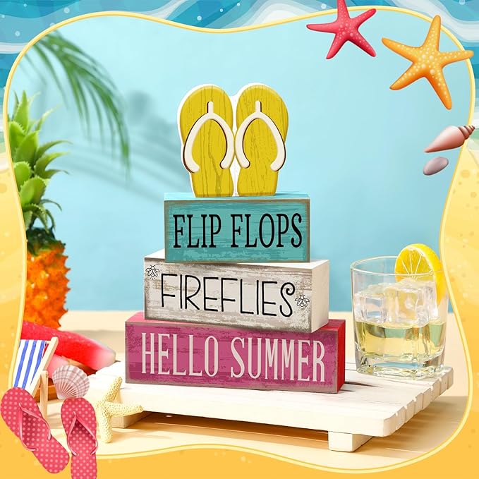 Yuntau 4 Pcs Summer Table Decorations Wooden Sign Flip Flops Table Centerpiece Summer Tiered Tray Decor Decorative Faux Book Stack Block for Coffee Fireplace Mantel Floating Shelf Hawaii
