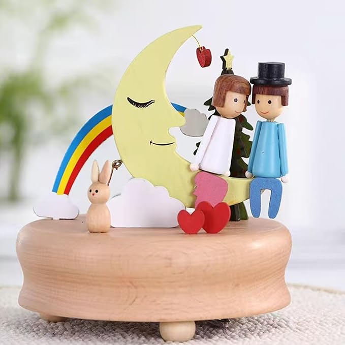 Natural Solid Wood Handcrafted Beech Wooden, Musical FigureTotoro/Carousel/Fairy/Ballerina Figurine,Rotating Hand Crank Mechanism Music Box,Musical Decorations (Moon Lover)