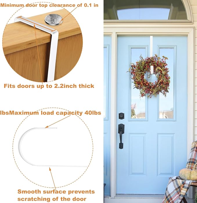PECULA 2 Pack 14” Wreath Hangers for Front Door, Wreath Door Hanger 40lb Load-Bearing, Metal Wreath Hanger for Welcome Sign, Door Wreath Hanger for Halloween, Easter, Christmas Decorations (White)